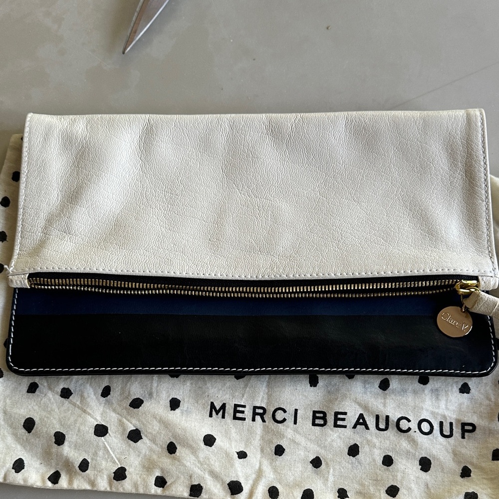 Clare V White Fold-Over Leather Clutch with Navy & Black Trim